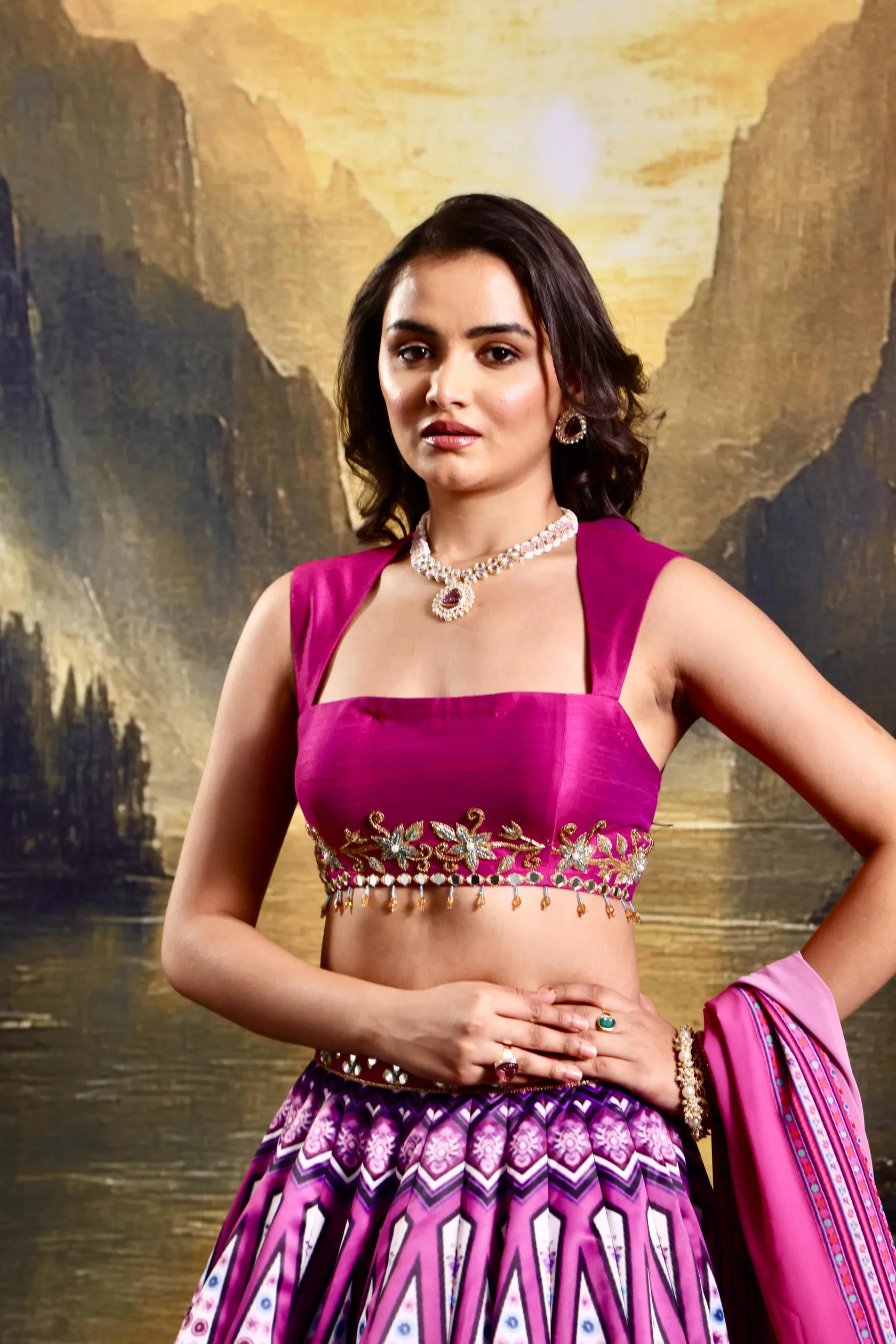 Jamilla Magenta Satin Printed Lehenga Set - Image 4