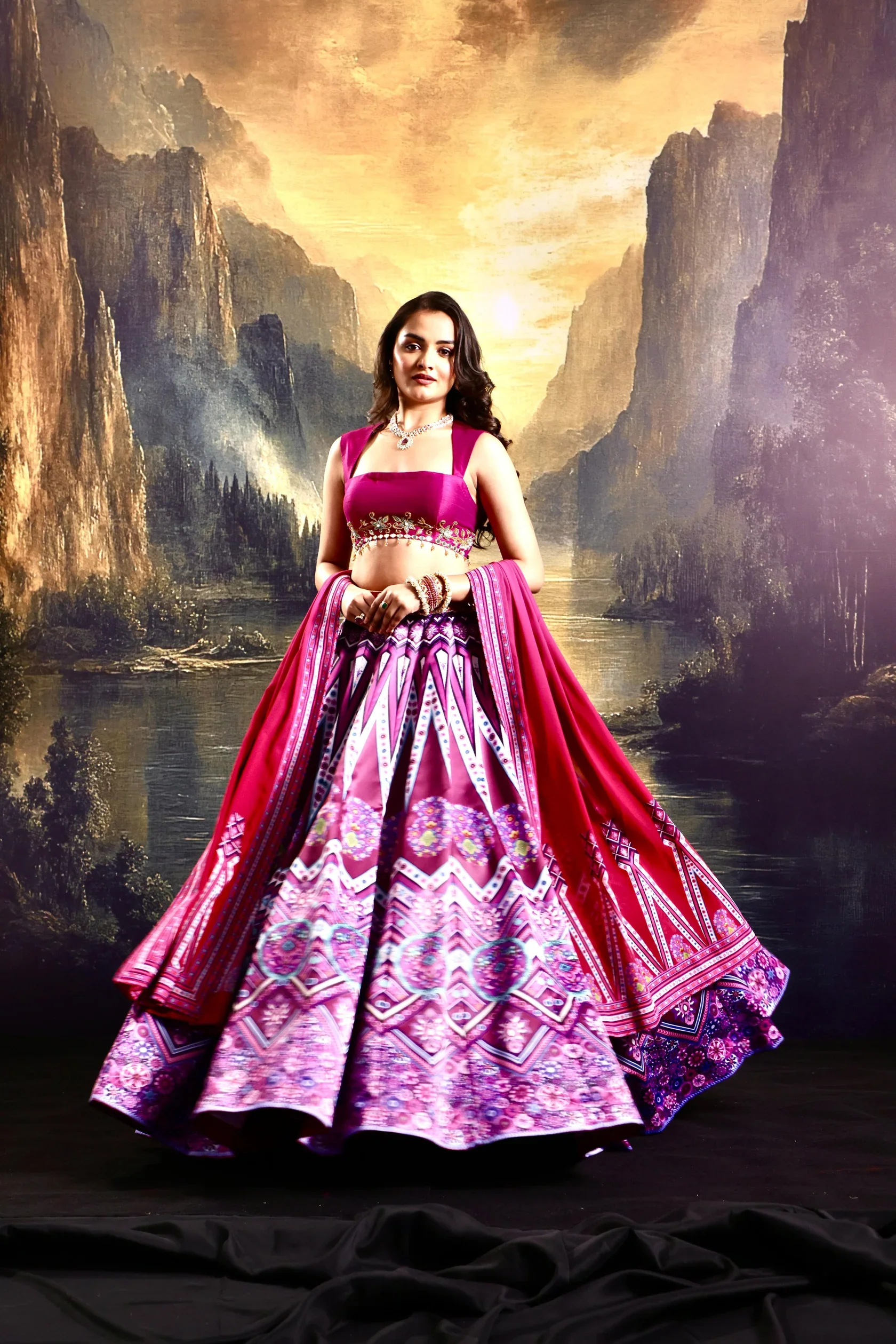 Jamilla Magenta Satin Printed Lehenga Set - Image 5