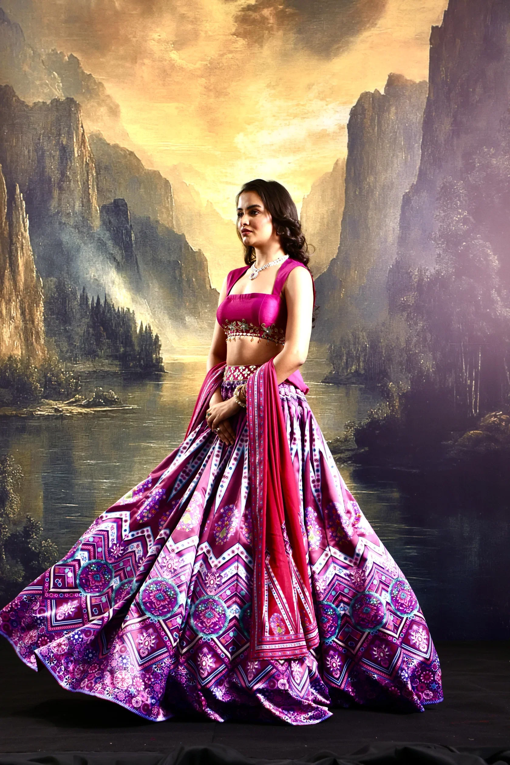 Jamilla Magenta Satin Printed Lehenga Set - Image 6