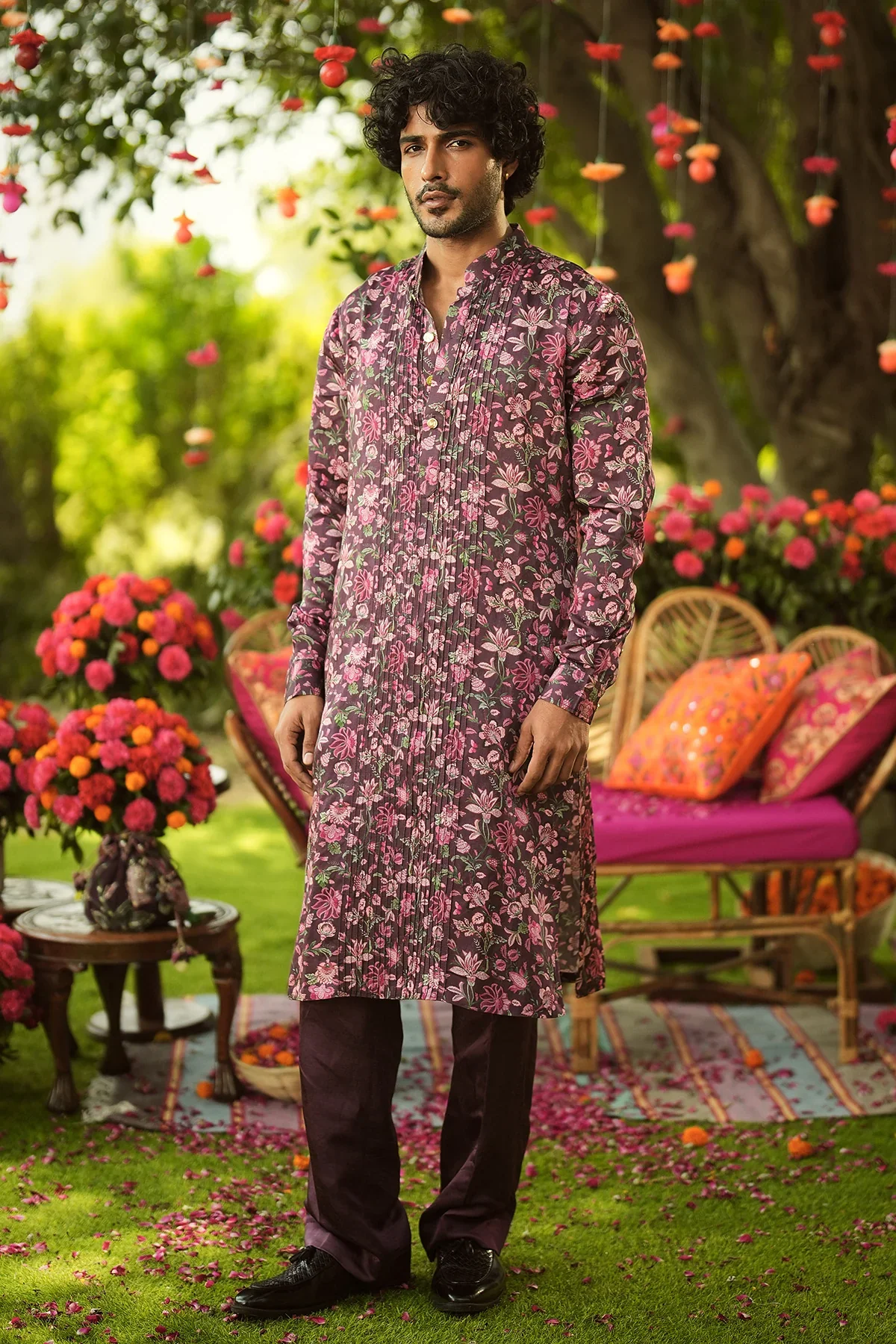 JUBIN - Printed Pintucks Kurta Set With Signature Mm Gold Buttons