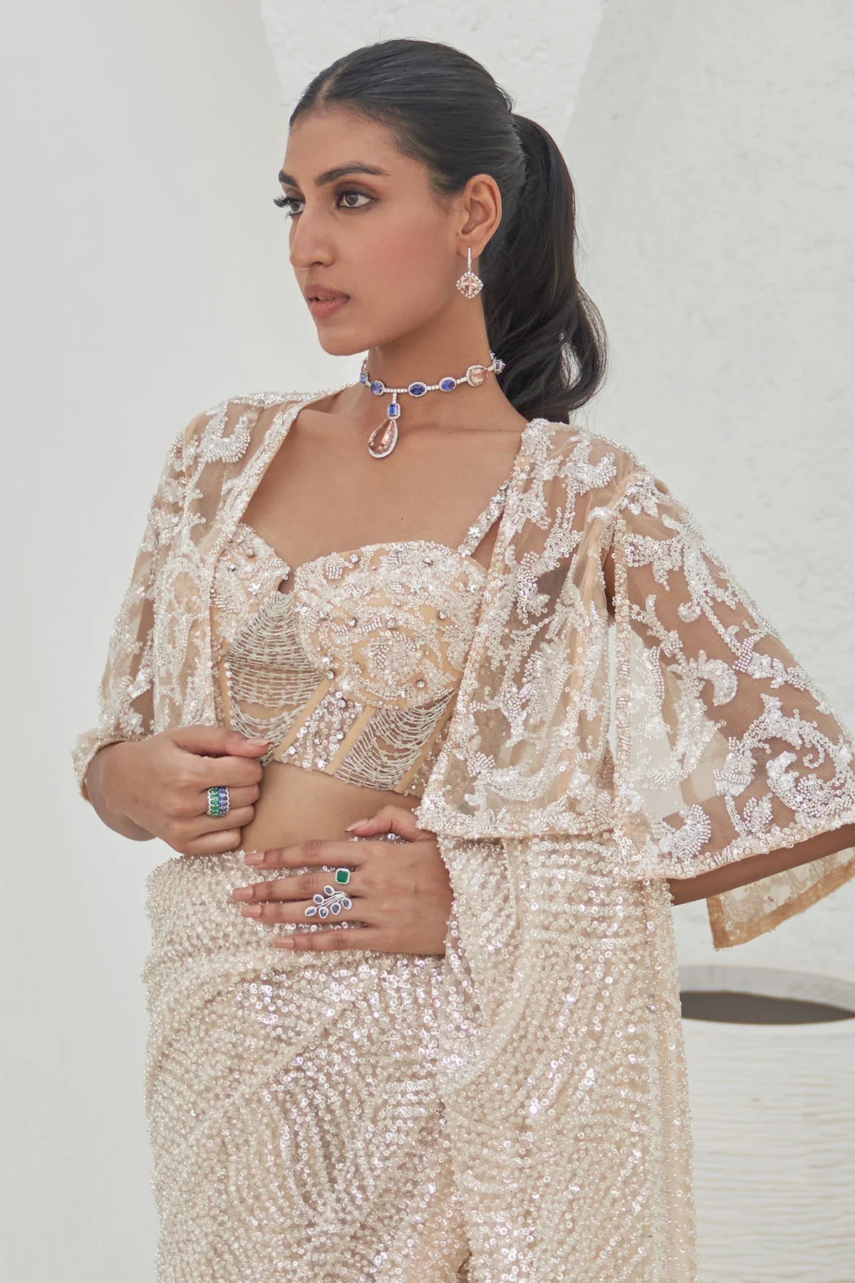 Kafiya Embroidered Saree With Blouse And Cape - Image 2