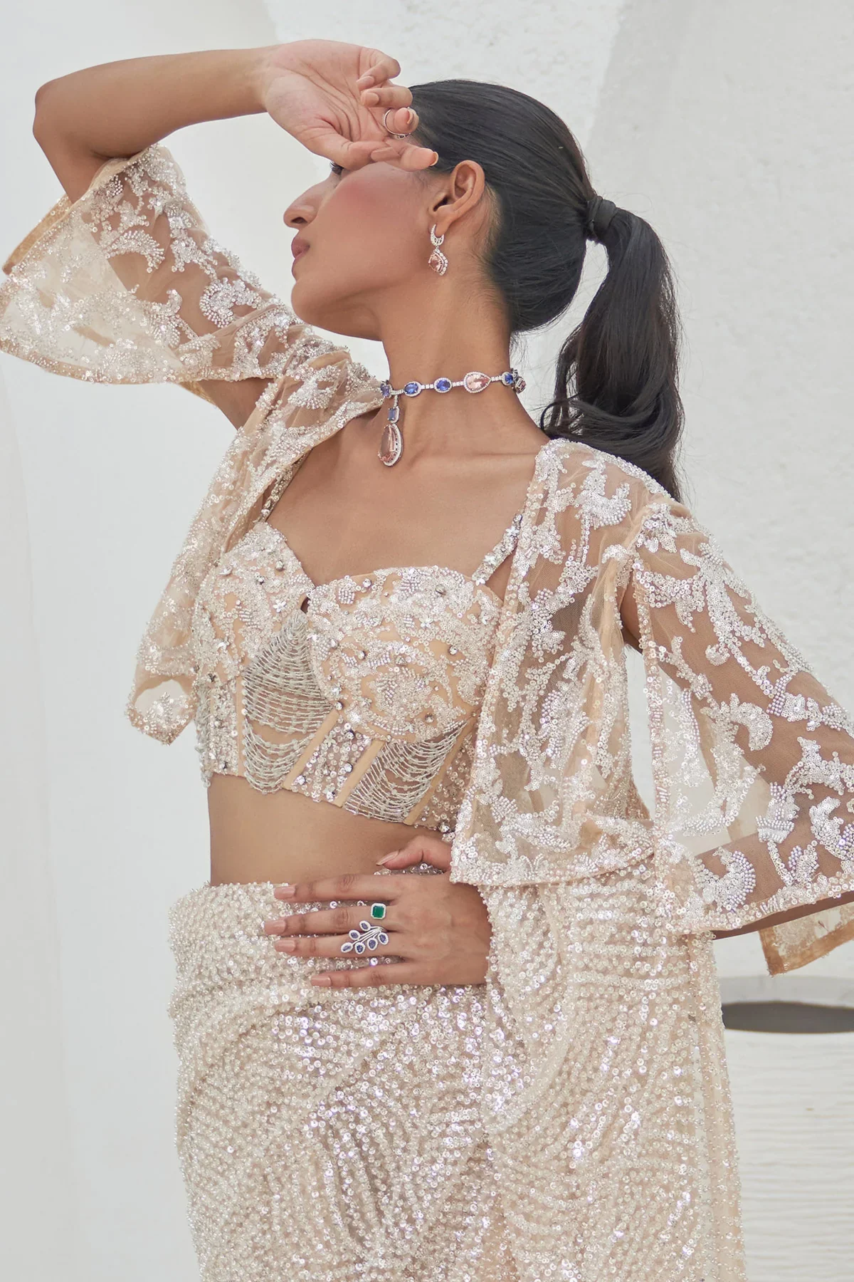 Kafiya Embroidered Saree With Blouse And Cape - Image 3