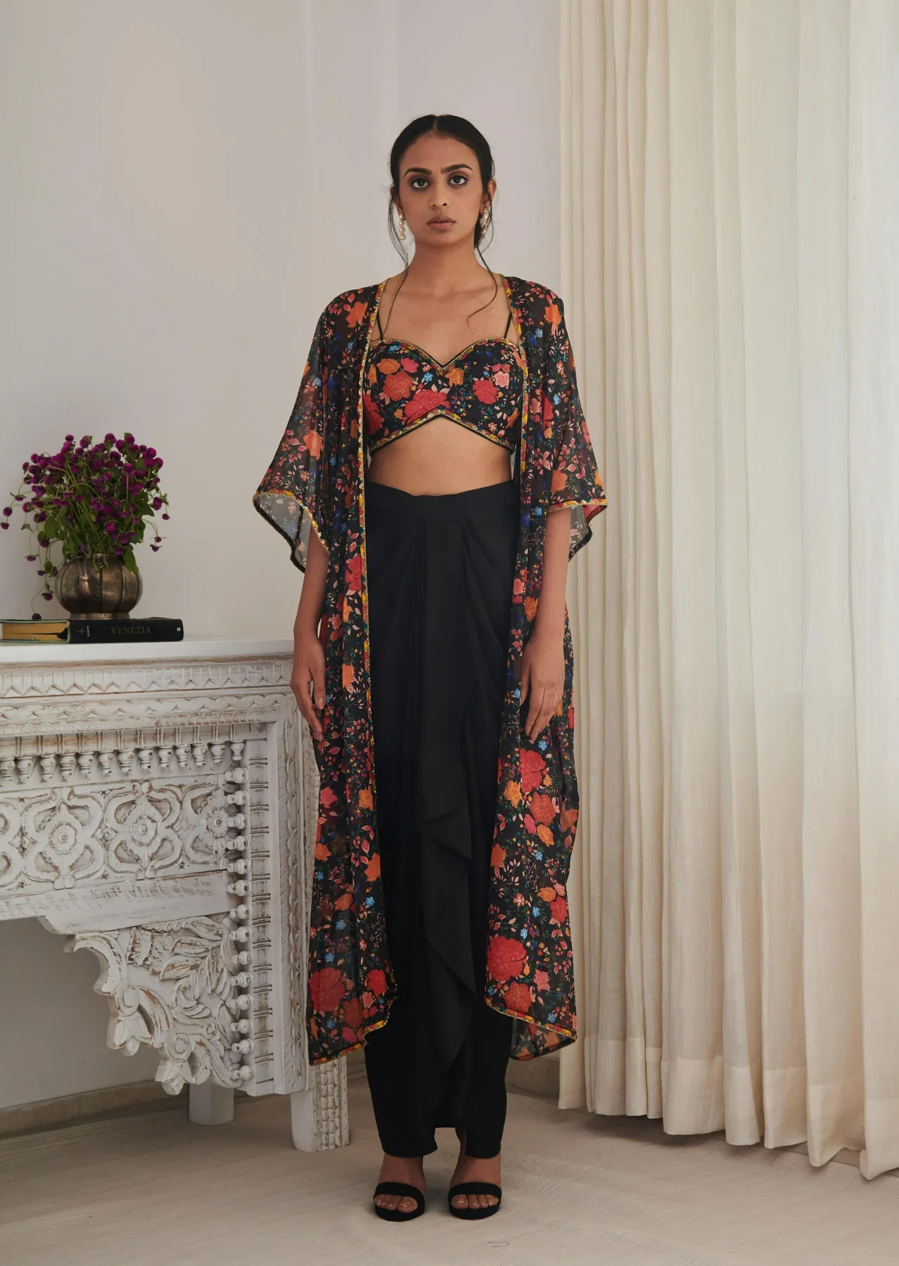 KAJAL - Black Floral Printed Jacket Drape Skirt