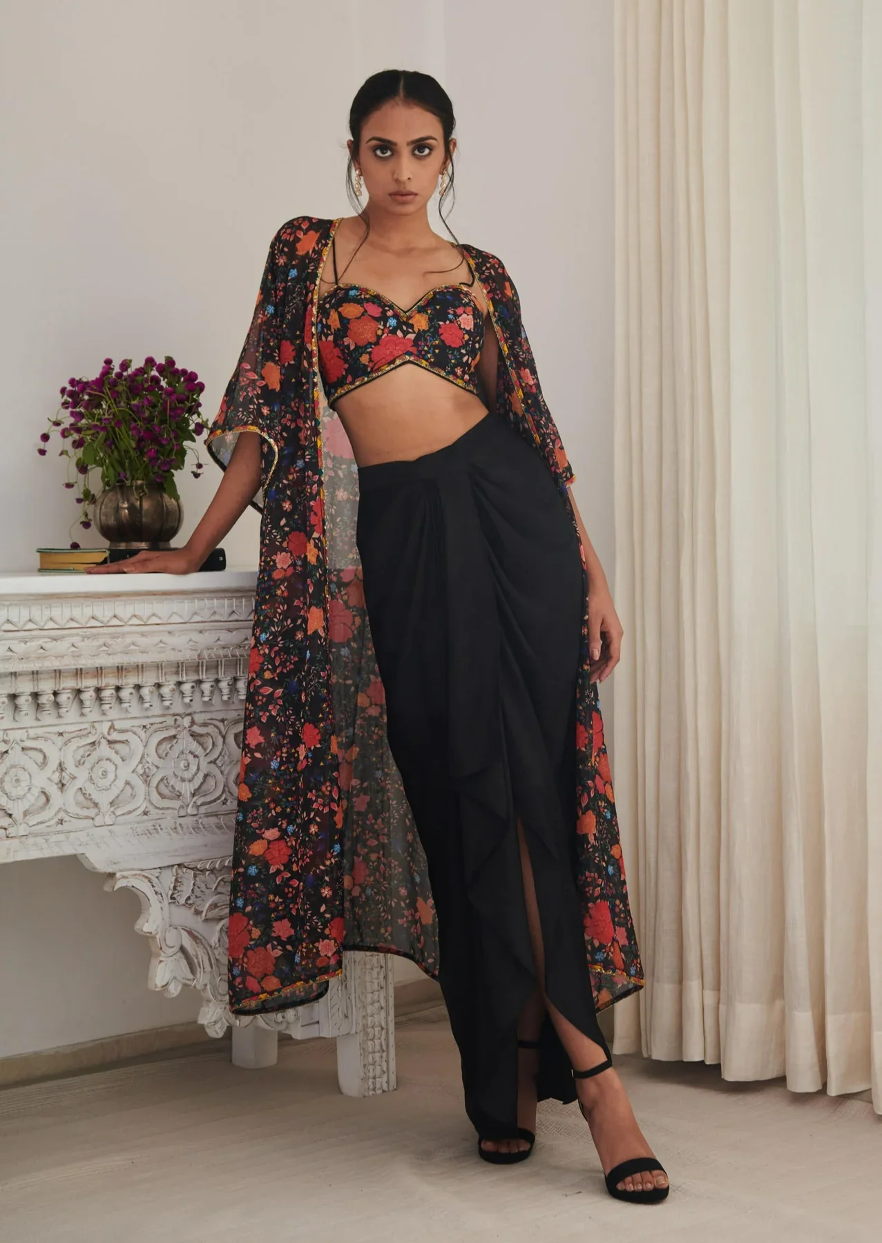 KAJAL - Black Floral Printed Jacket Drape Skirt - Image 2