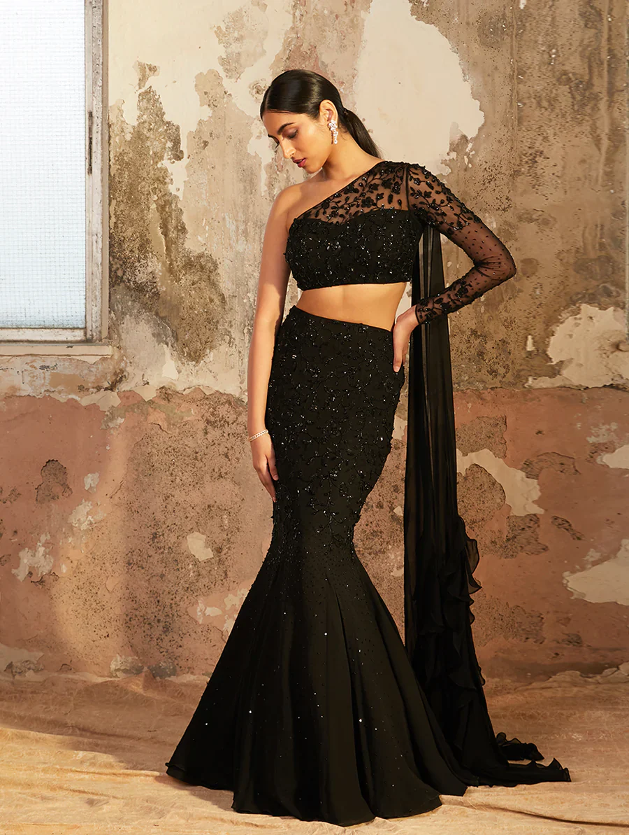KATE - Black Georgette Fishtail Skirt - Image 3