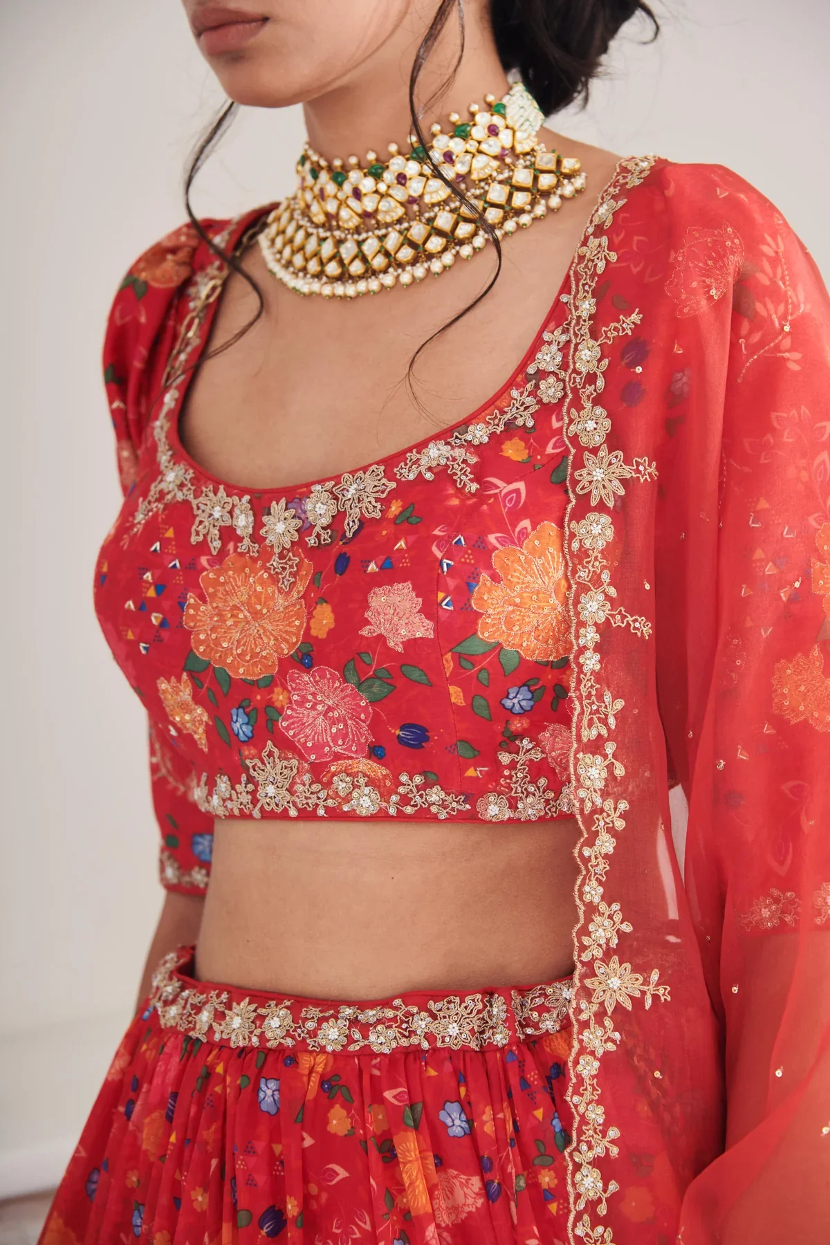 KESAR - Bright Red Floral Printed Lehenga - Image 2