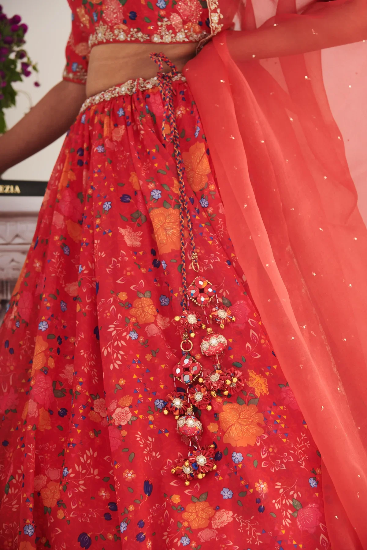 KESAR - Bright Red Floral Printed Lehenga - Image 5