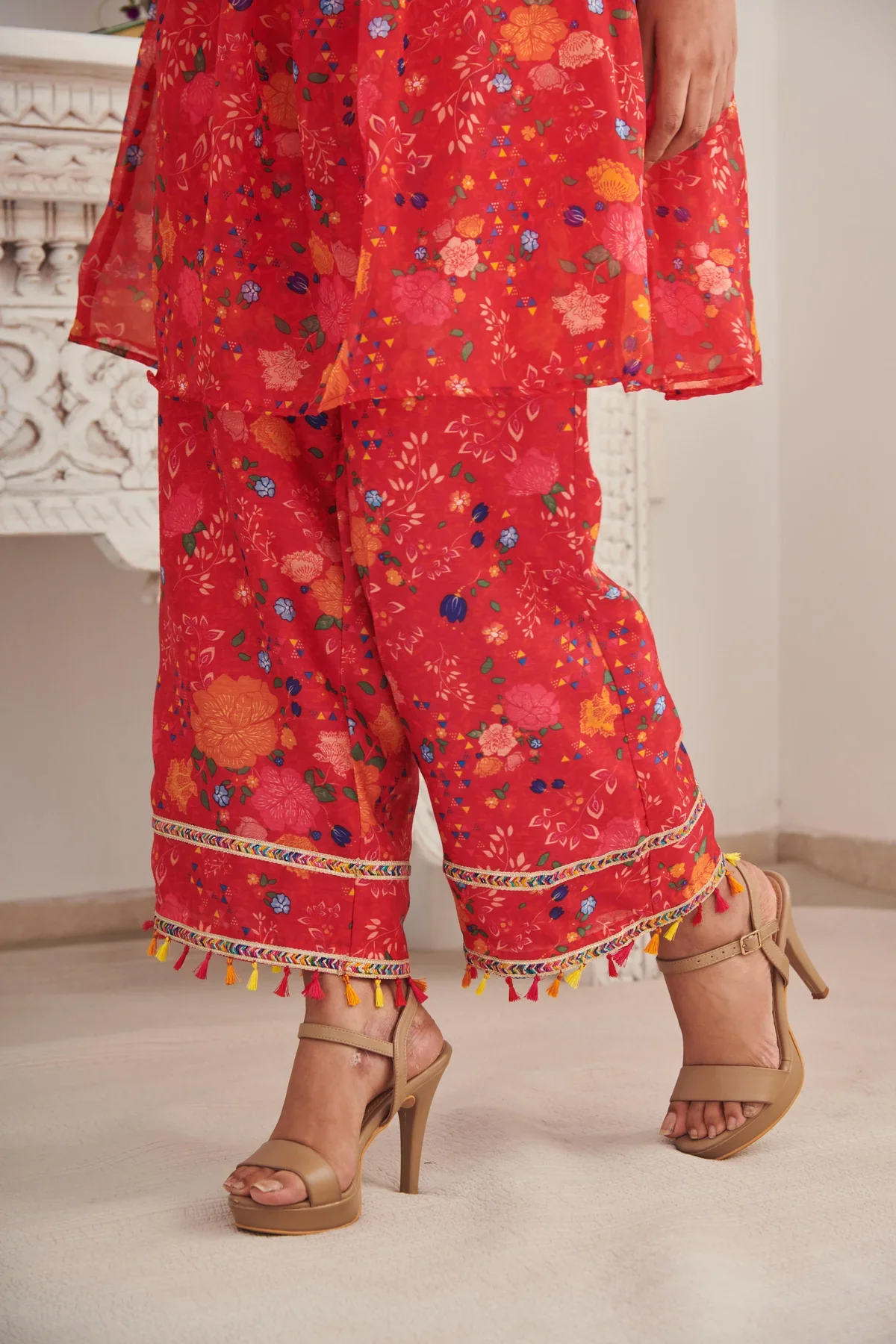 KESH - Bright Red Floral Printed Kurta - Image 3