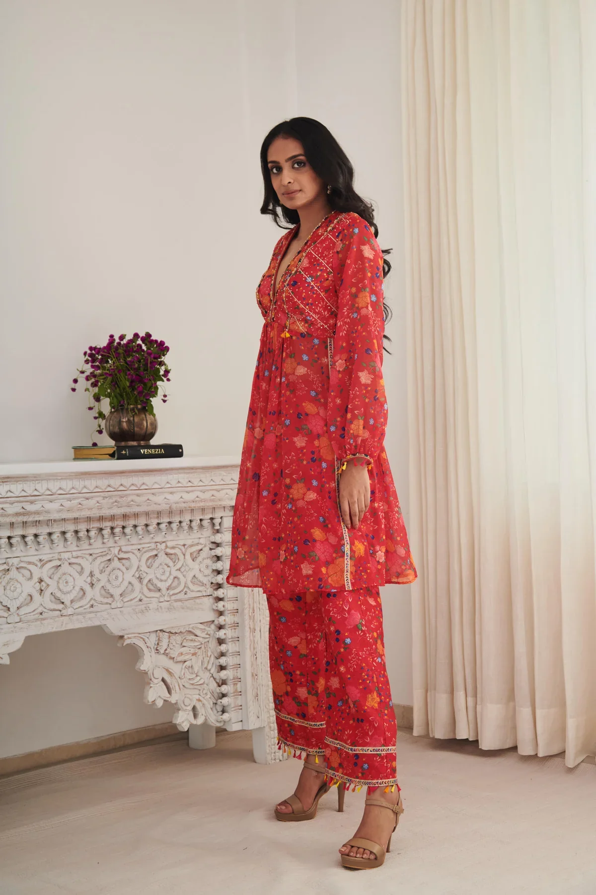 KESH - Bright Red Floral Printed Kurta - Image 5