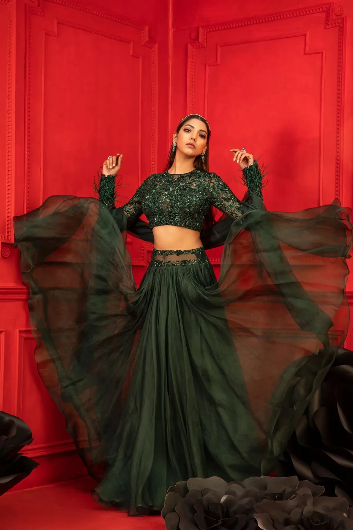 Khwab Green Embroidered Lehenga Set - Image 3