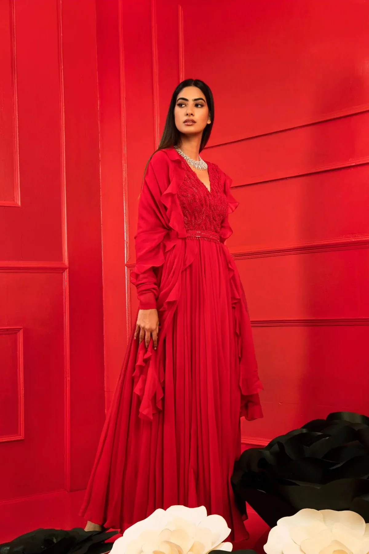 Kiara Red Embroidered Anarkali With Dupatta And Belt - Image 3