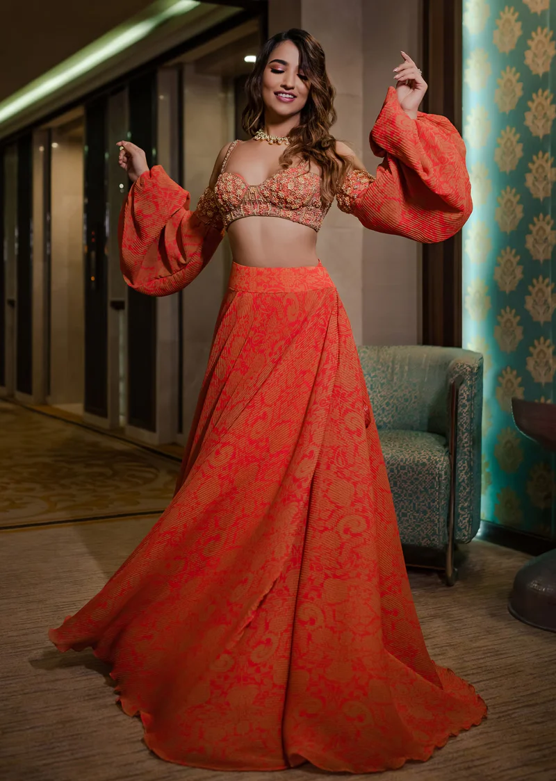 Kinjal Bhanushali Vaunting Rose Red Printed Lehenga With Embroidered Blouse