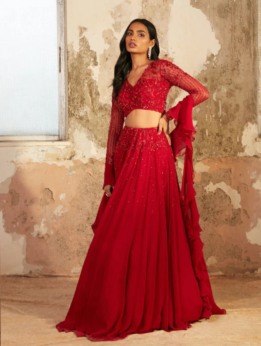 LARA - Red Hand Embellished Floral Georgette Lehenga