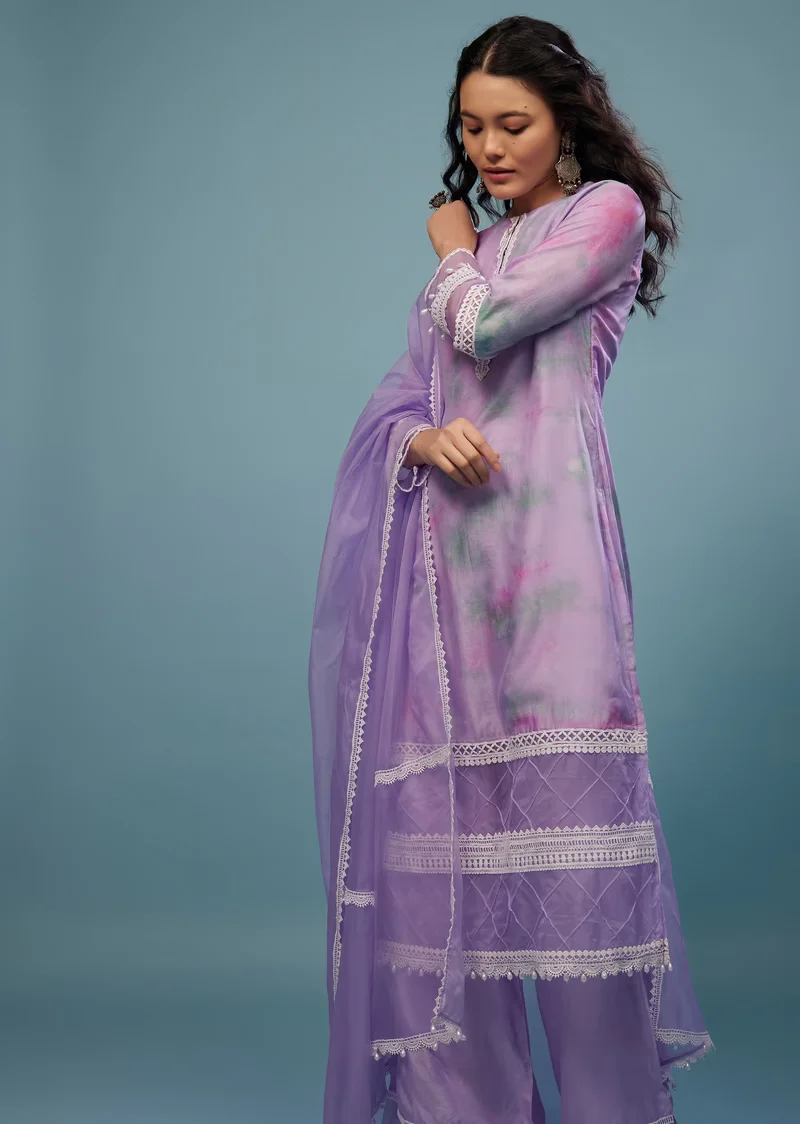 Lavender Purple Embroidered Palazzo Suit In Viscose Silk - Image 2