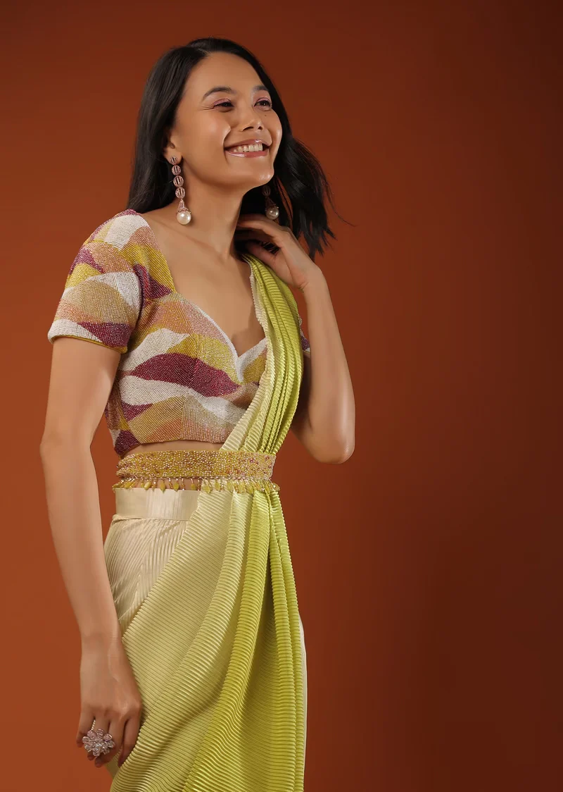 Lemon Green Ombre Saree With A Crop Top In Moti Embroidery, Crop Top Comes In Half Sleeves And Sweet Heart Neckline - Image 2
