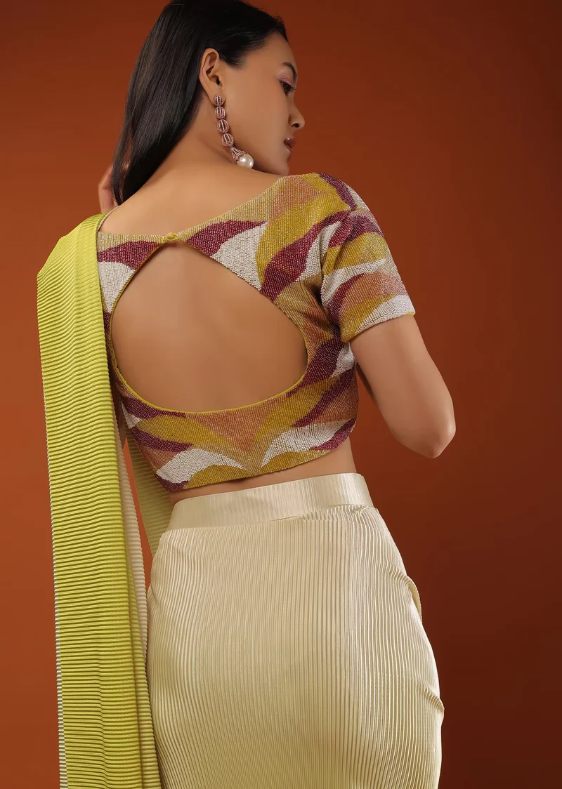 Lemon Green Ombre Saree With A Crop Top In Moti Embroidery, Crop Top Comes In Half Sleeves And Sweet Heart Neckline - Image 3