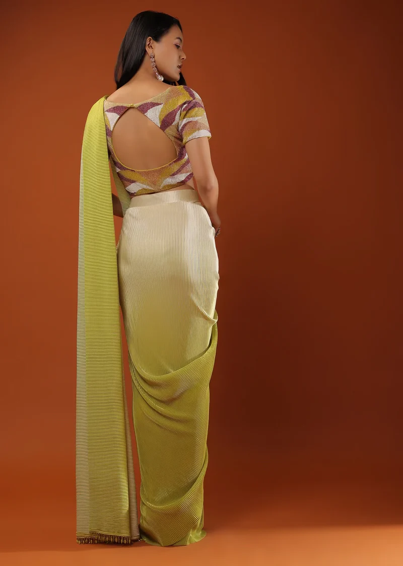 Lemon Green Ombre Saree With A Crop Top In Moti Embroidery, Crop Top Comes In Half Sleeves And Sweet Heart Neckline - Image 4