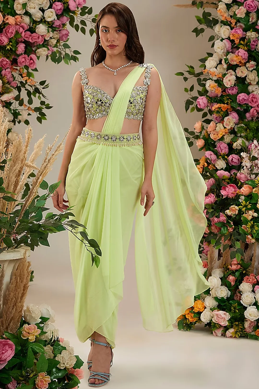 Lemon Yellow Georgette Draped Saree Set