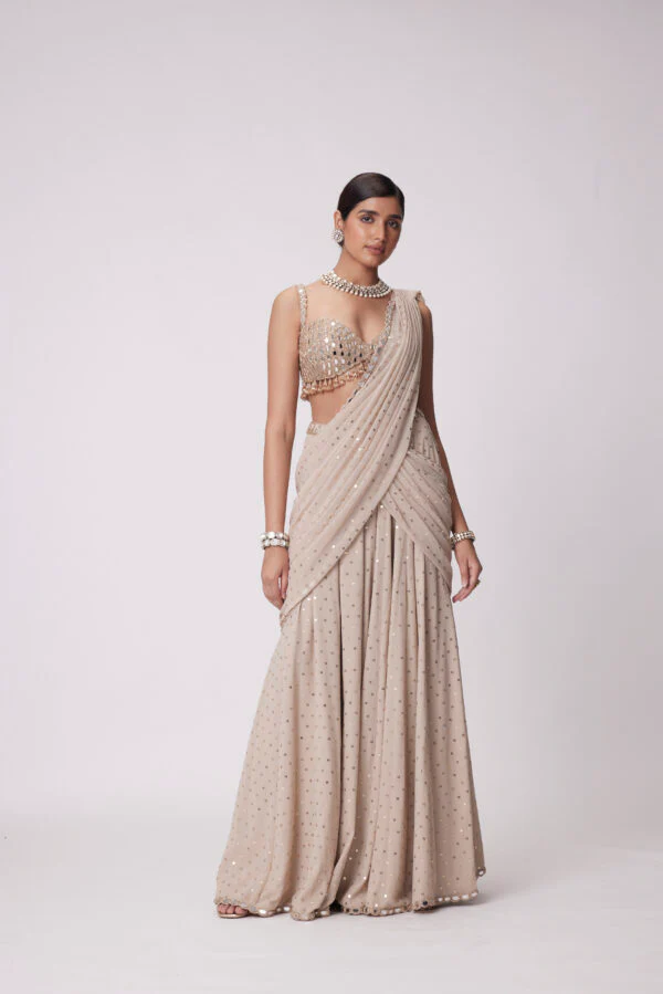 Light Beige Georgette Draped Saree Set - Image 3
