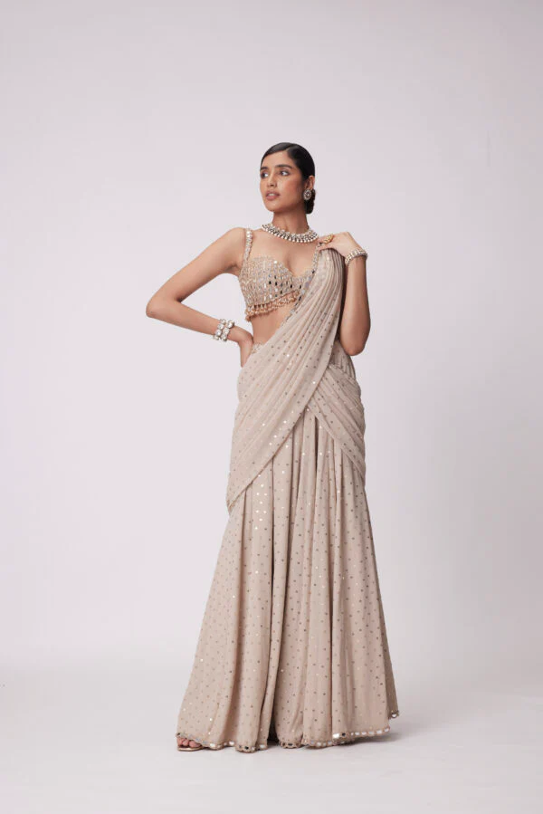 Light Beige Georgette Draped Saree Set - Image 4