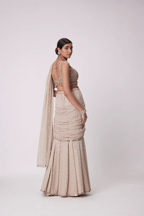Light Beige Georgette Draped Saree Set - Image 5