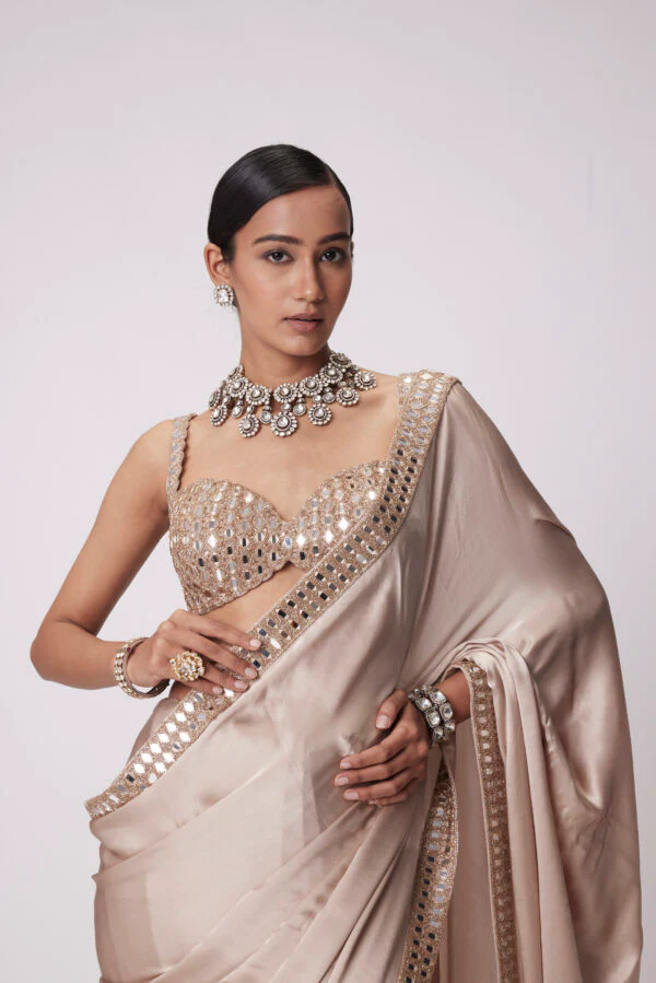 Light Beige satin Saree Set - Image 2