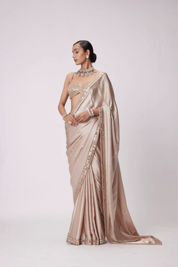Light Beige satin Saree Set - Image 3