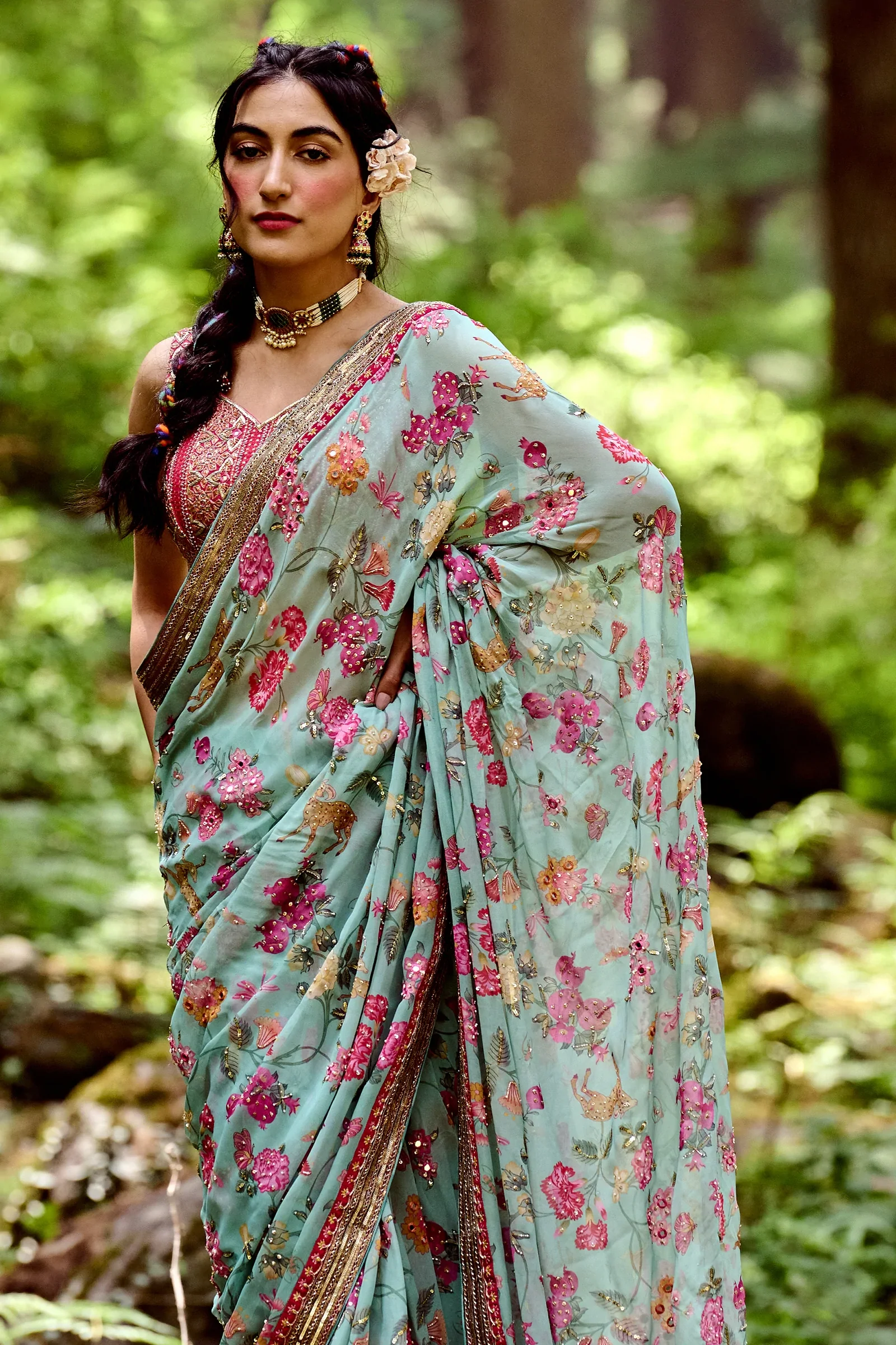 Light Blue Jungle Print Hand Highlighted Saree Set