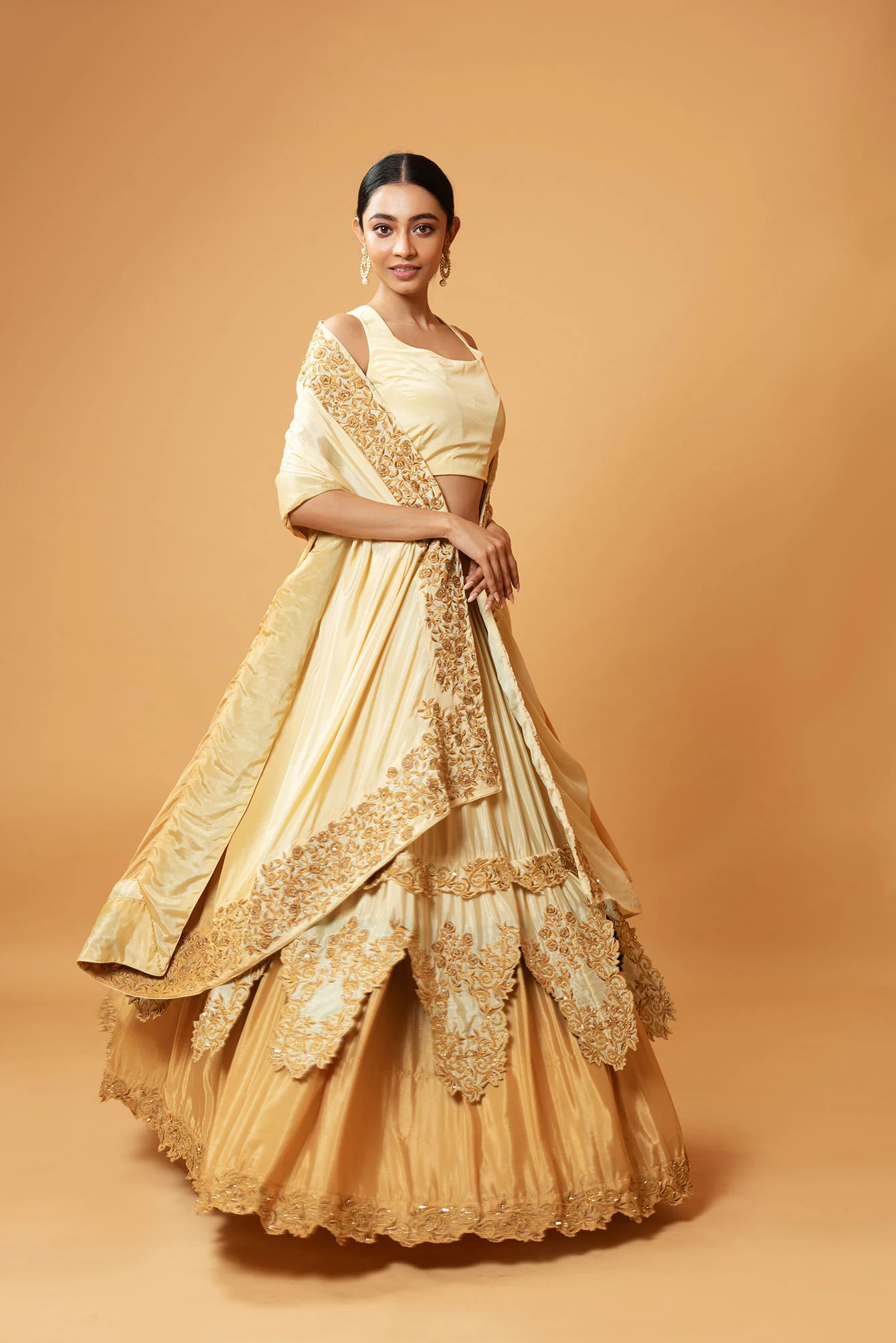 Light Gold Ombre Machine & Hand Embroidered Layered Lehenga Set