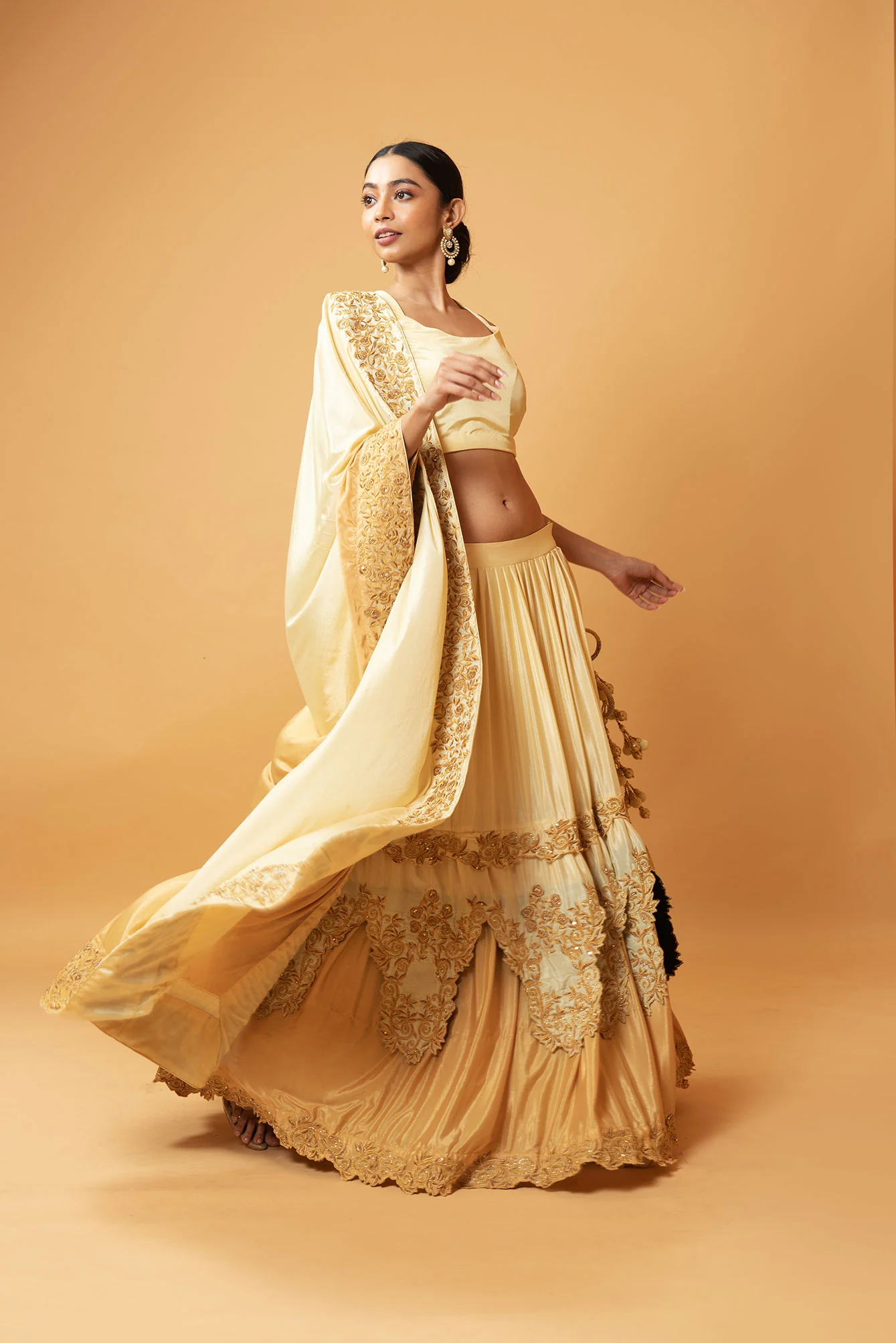 Light Gold Ombre Machine & Hand Embroidered Layered Lehenga Set - Image 3