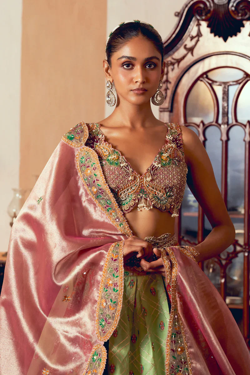 Light Green Jacquard Silk Banarasi Lehenga Set - Image 2