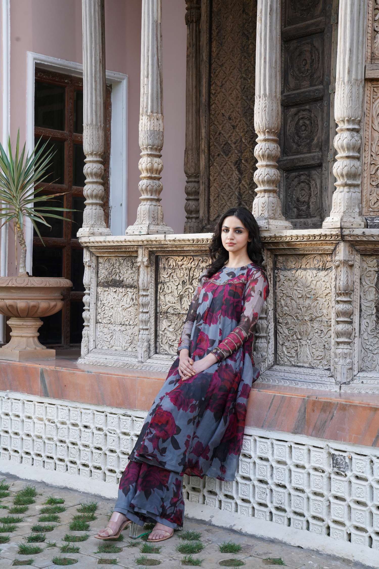 Light Grey Floral A Line Kurti Set - Image 3