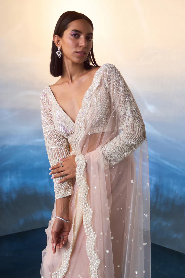 Light Peach Net Saree - Image 3