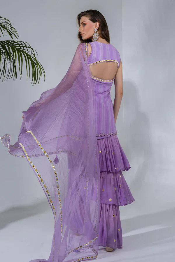 Lilac Embroidered Kurta And Sharara Set - Image 4