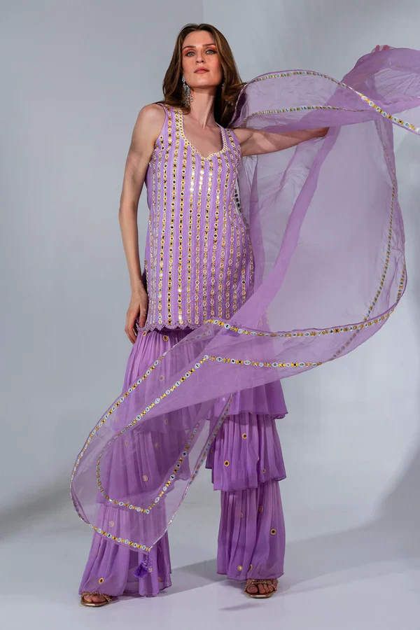 Lilac Embroidered Kurta And Sharara Set - Image 5