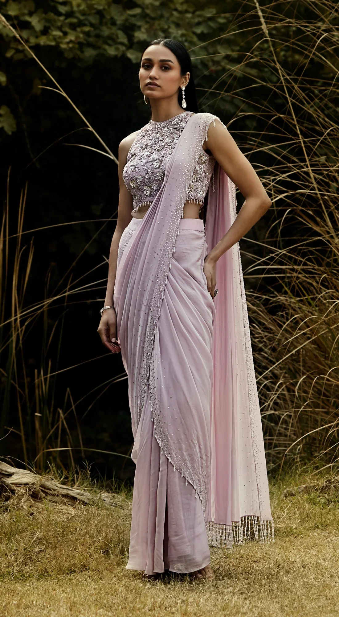 Lilac Embroidered Pre Draped Saree - Image 3