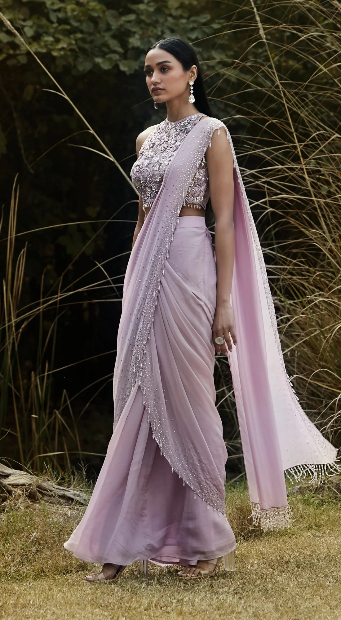 Lilac Embroidered Pre Draped Saree - Image 4