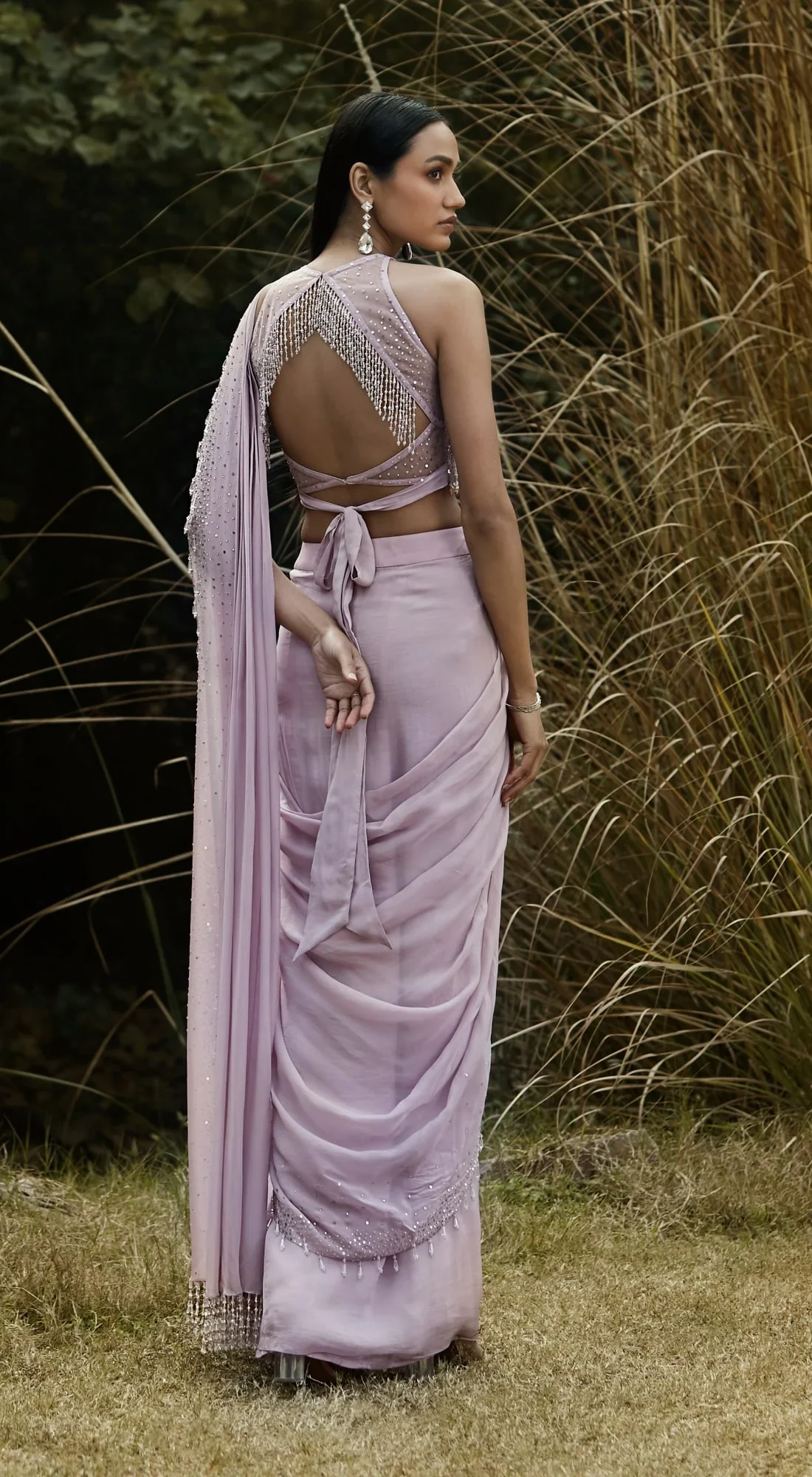Lilac Embroidered Pre Draped Saree - Image 5