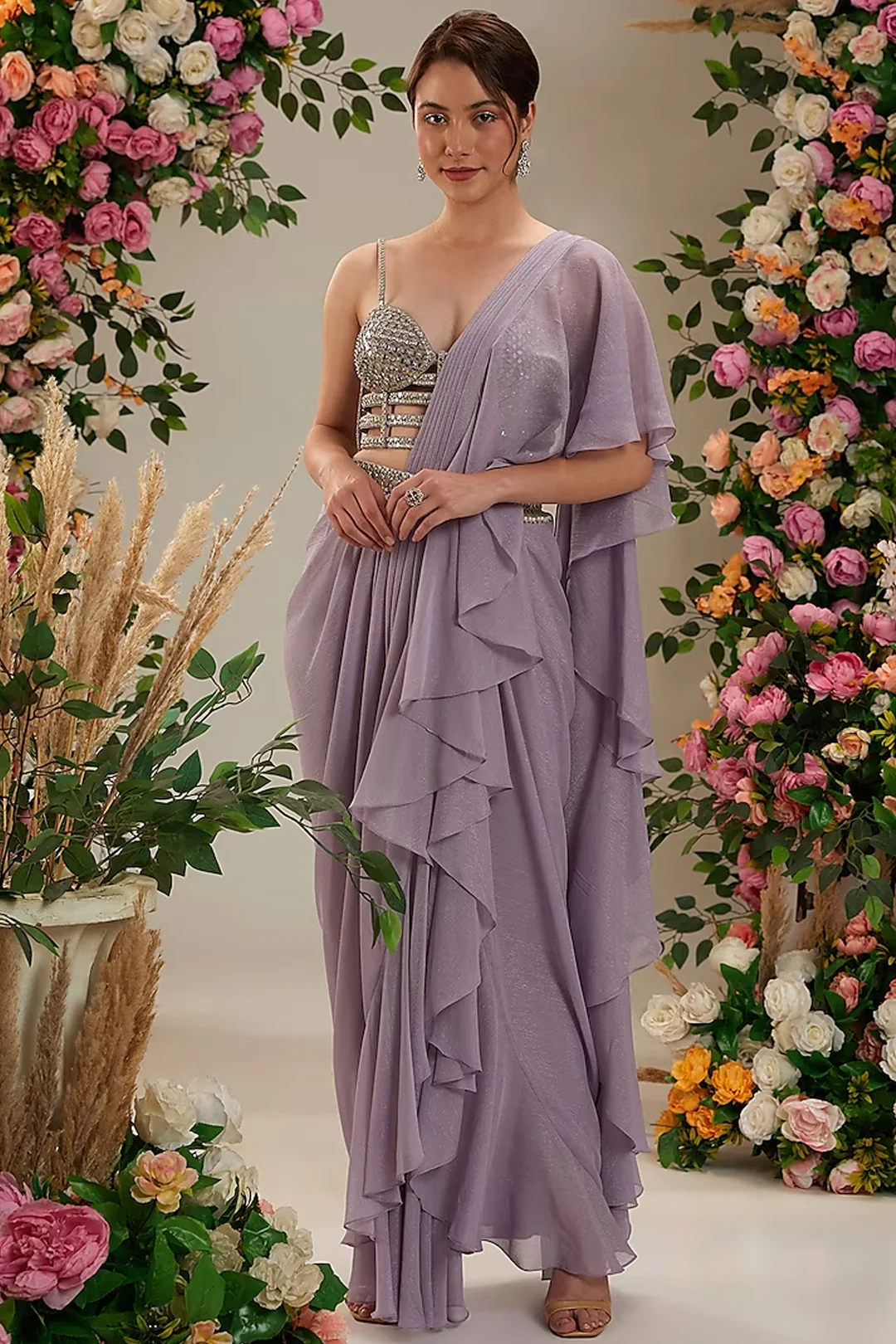 Lilac Shimmer Georgette Draped Saree Set