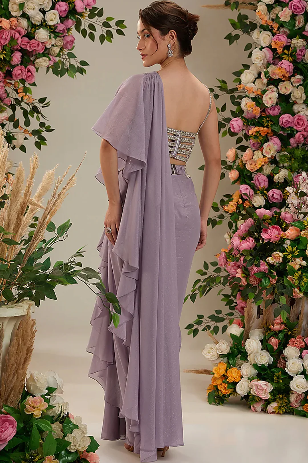 Lilac Shimmer Georgette Draped Saree Set - Image 4
