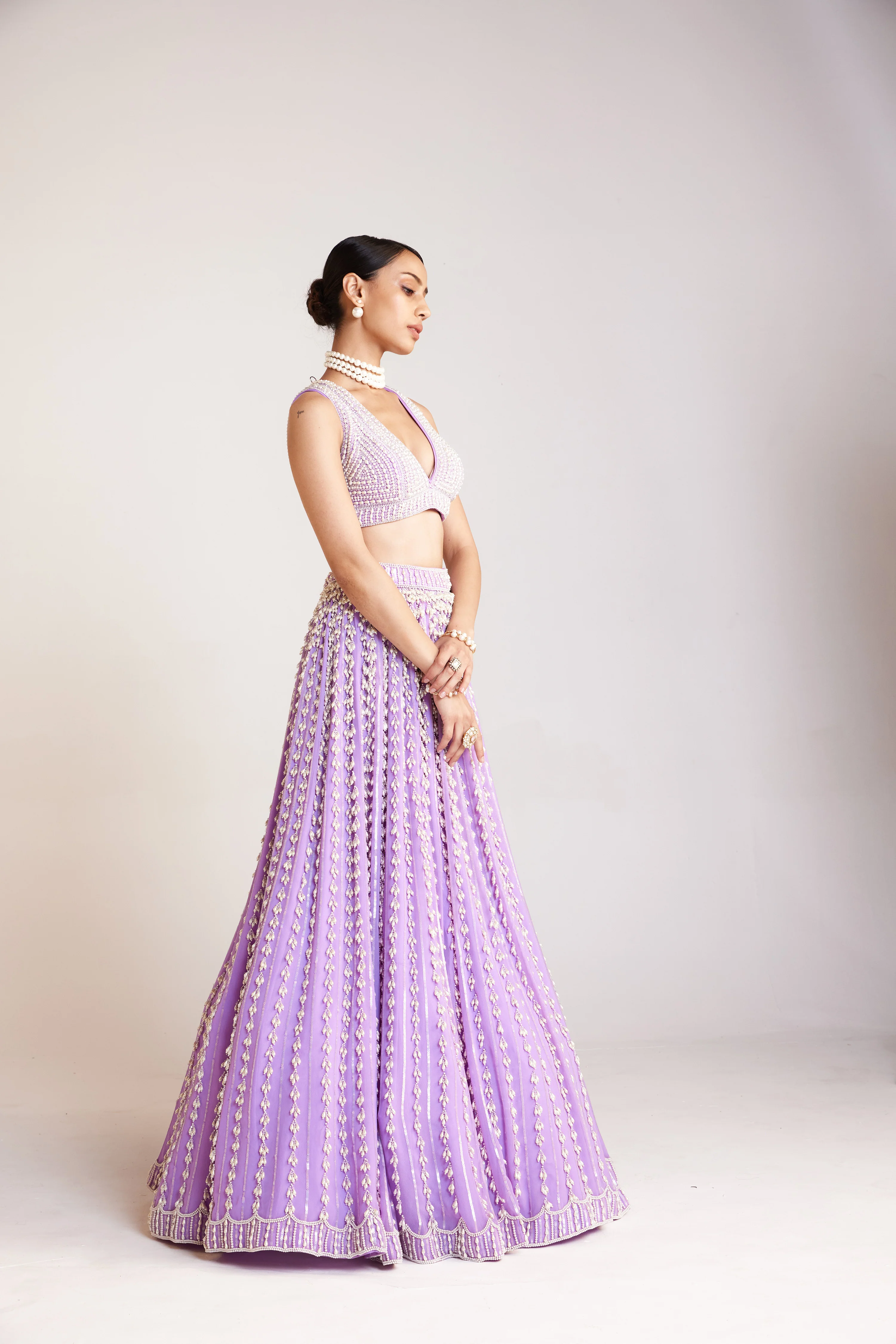Lilac V Neck Pearl Chandelier Lehenga Set - Image 3