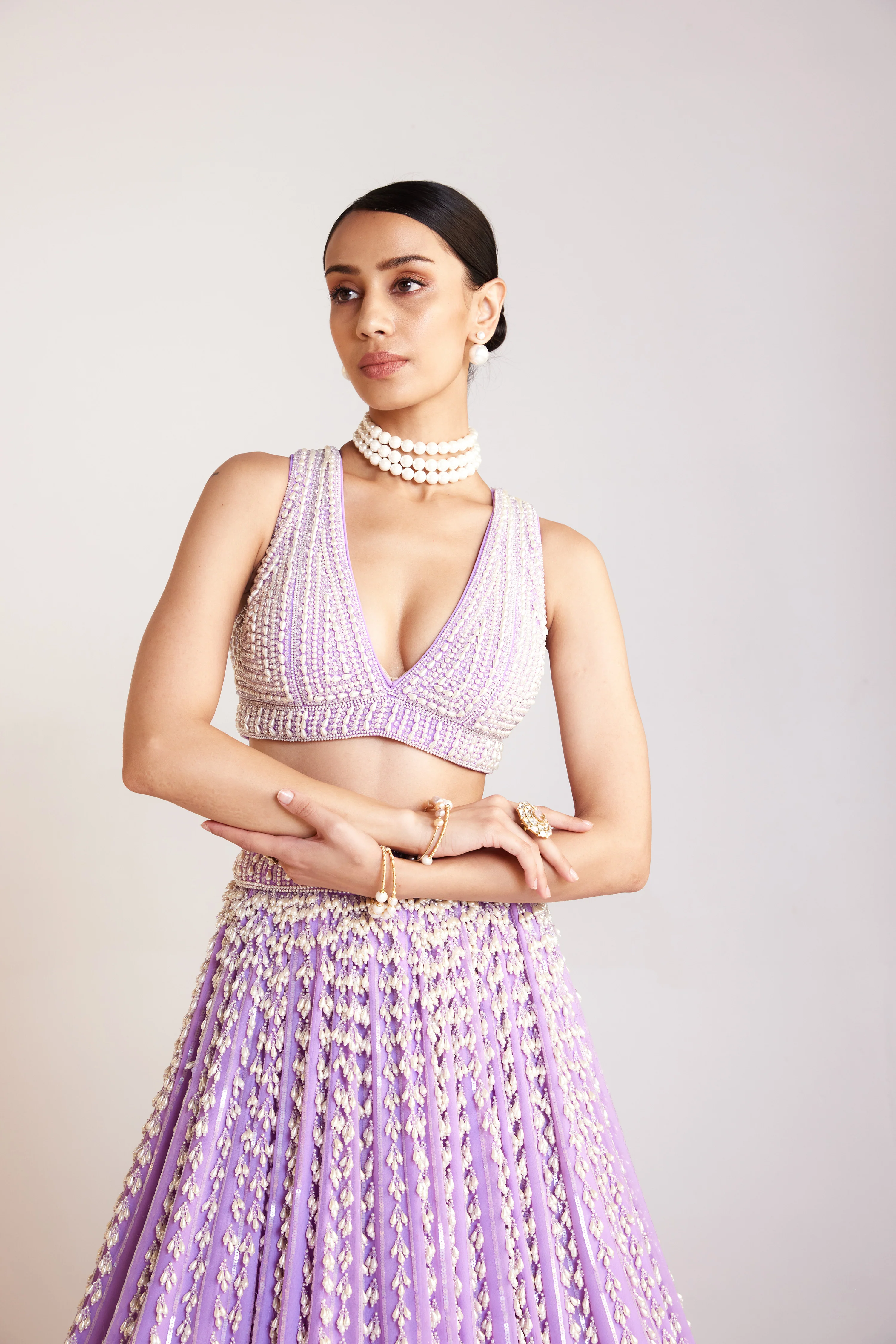Lilac V Neck Pearl Chandelier Lehenga Set - Image 4