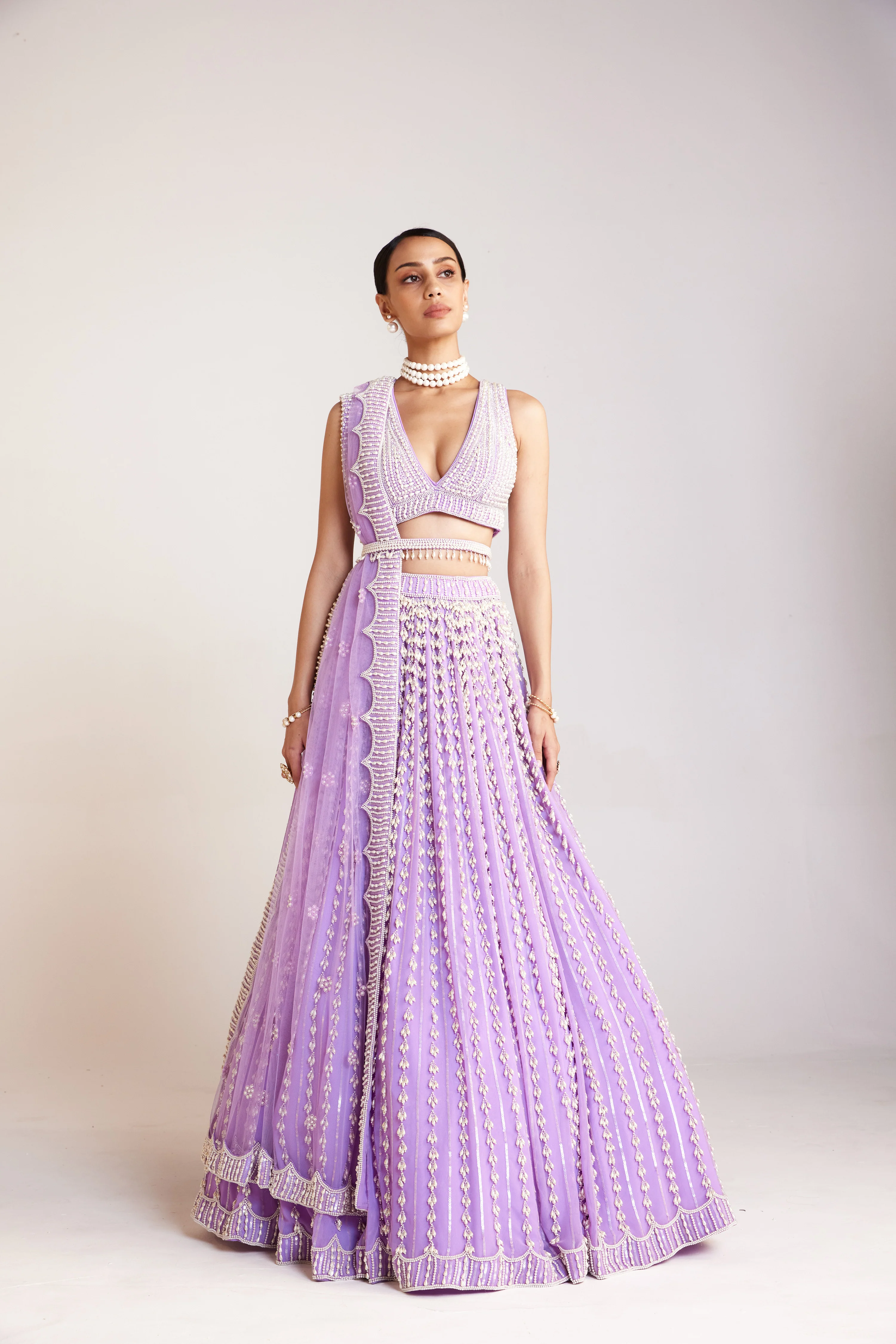 Lilac V Neck Pearl Chandelier Lehenga Set - Image 5