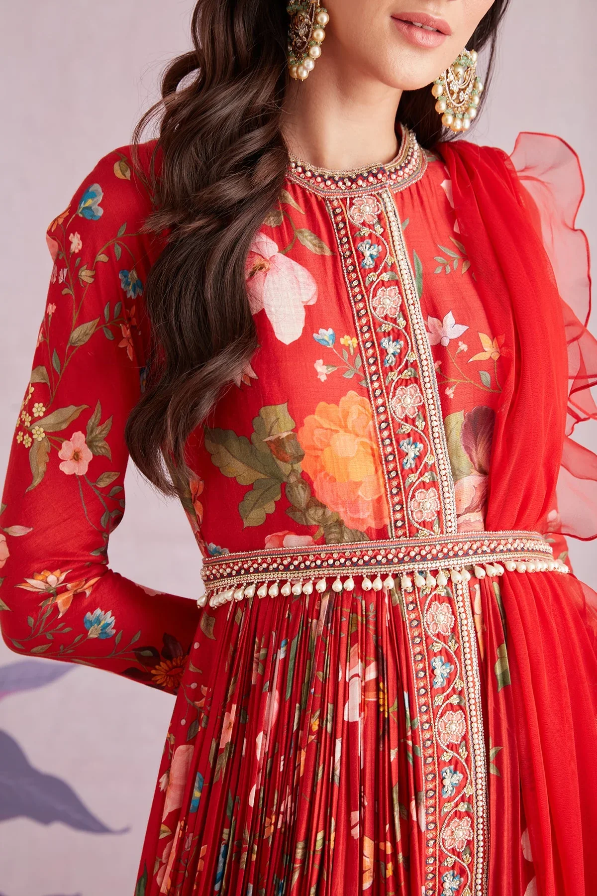 LILLIAN - Embroidered Printed Silk Ruched Anarkali - Image 2