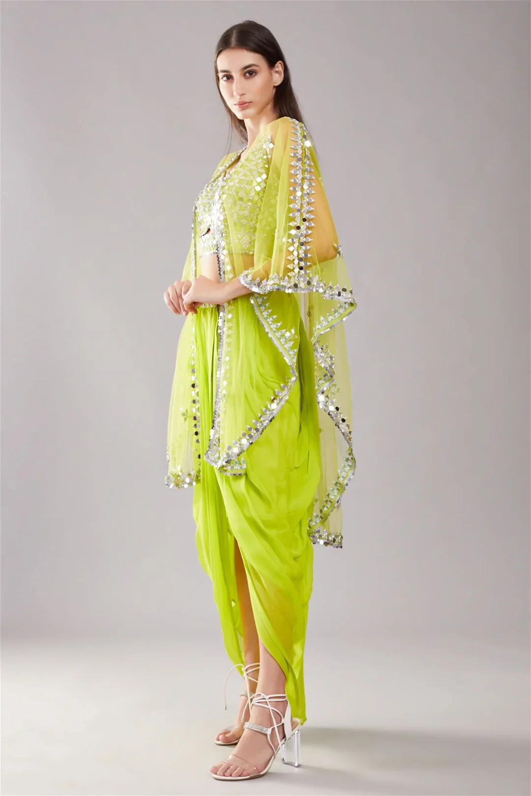 Lime Green Mirror Cape Set & Skirt Set - Image 3