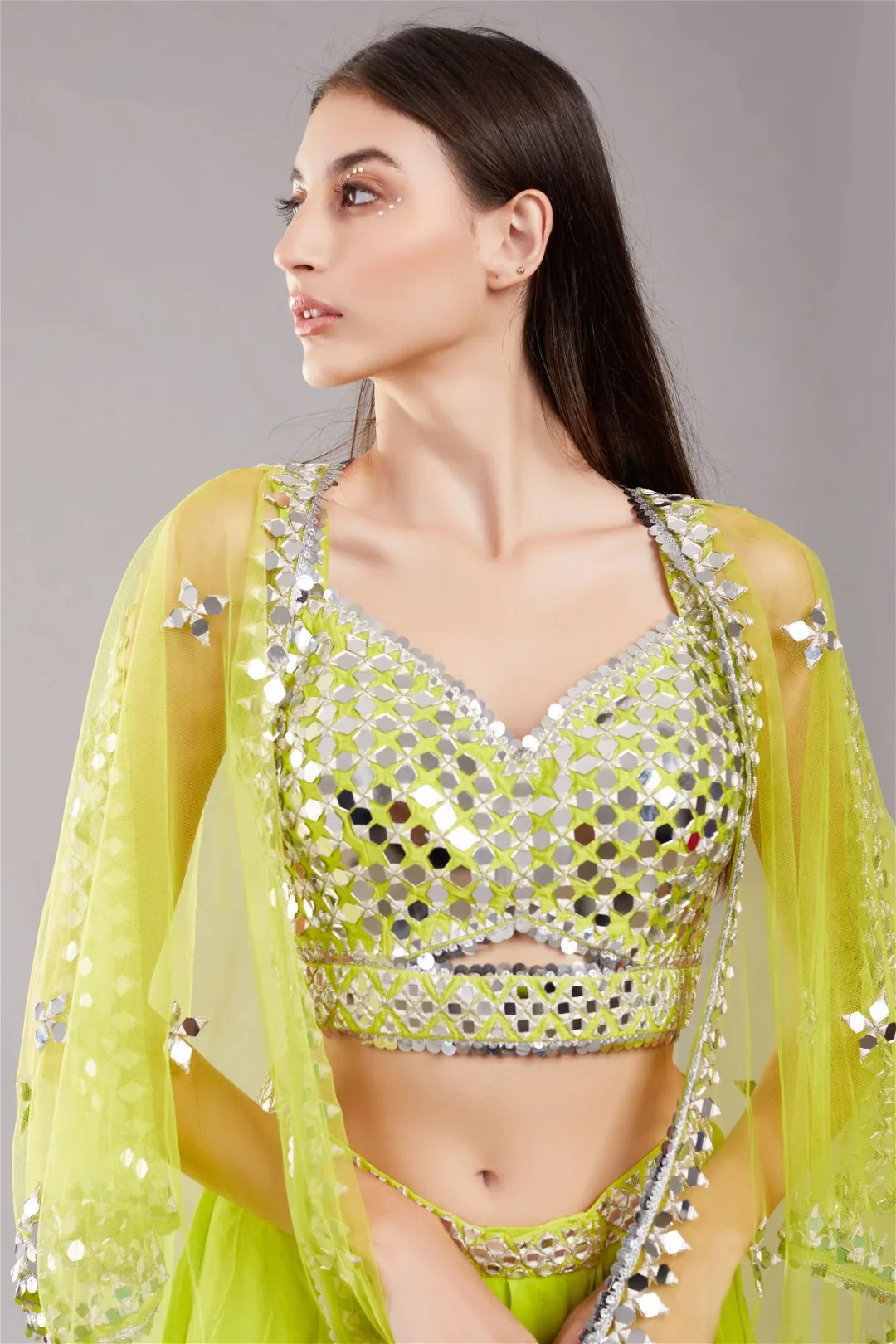 Lime Green Mirror Cape Set & Skirt Set - Image 4