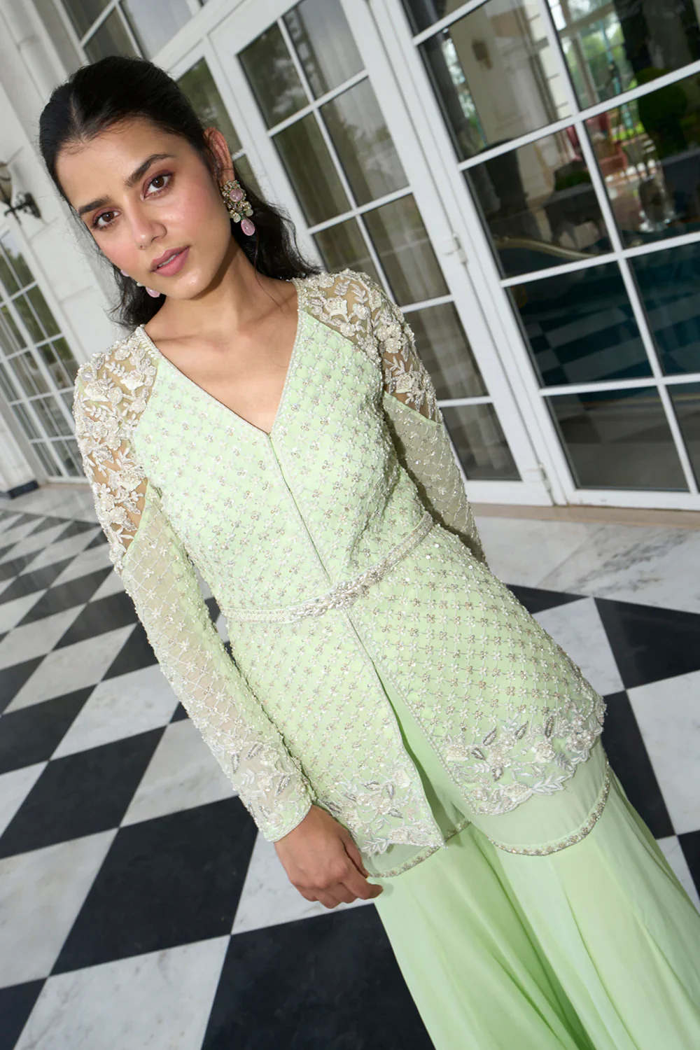 Lime Green Peplum Sharara Set - Image 2