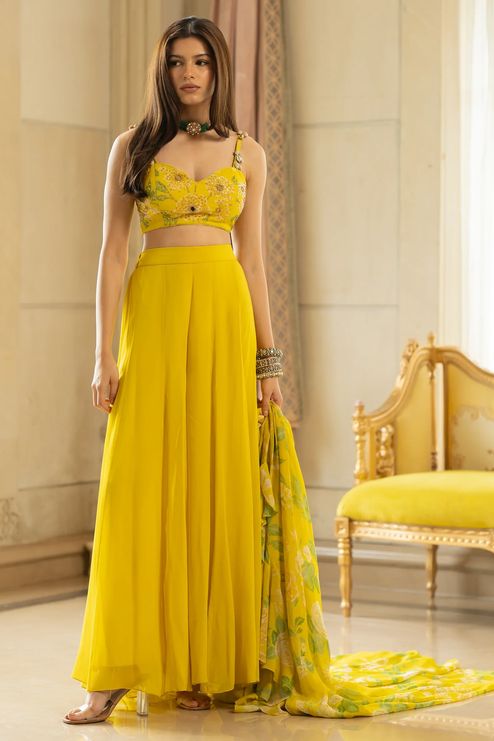 Lime Yellow Embroided Flowy Jacket and Pants - Image 3