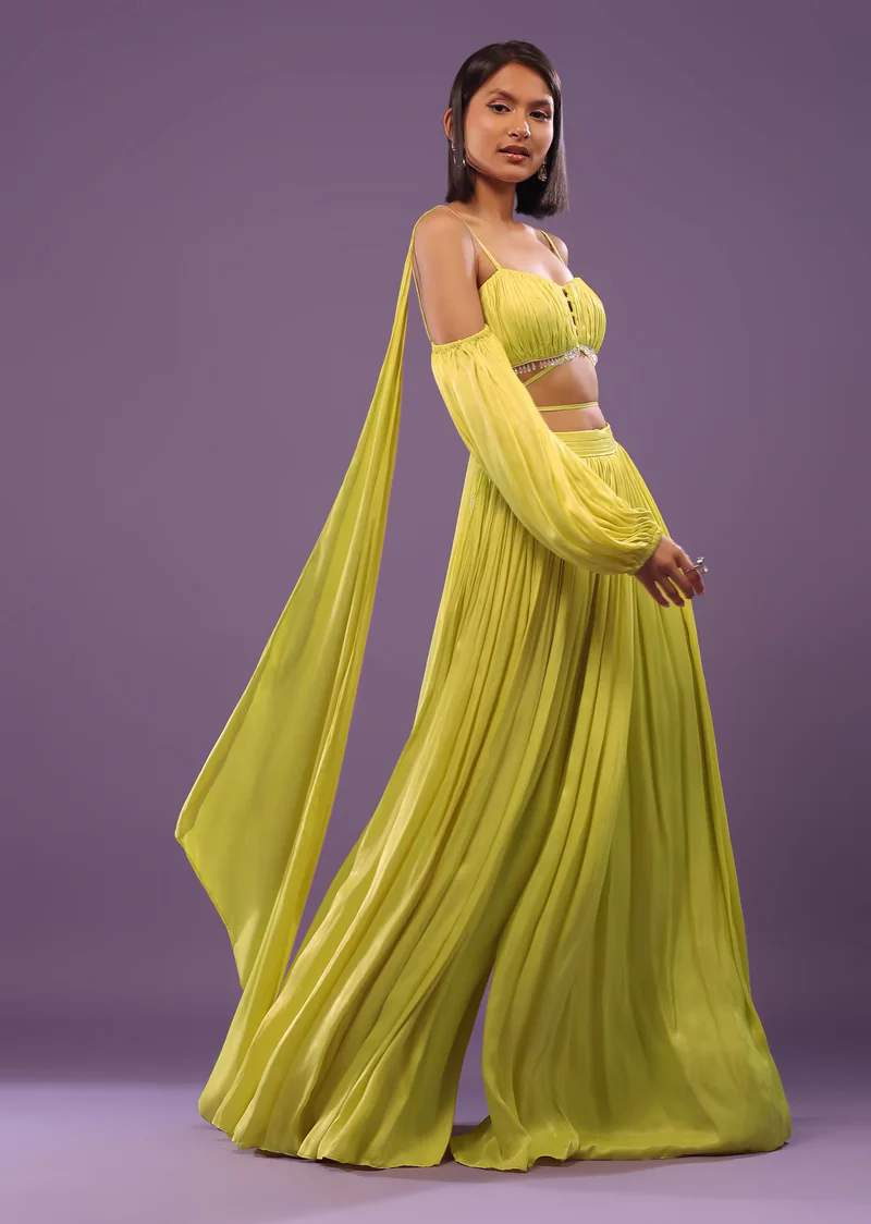 Lime Yellow Palazzo Set In Satin