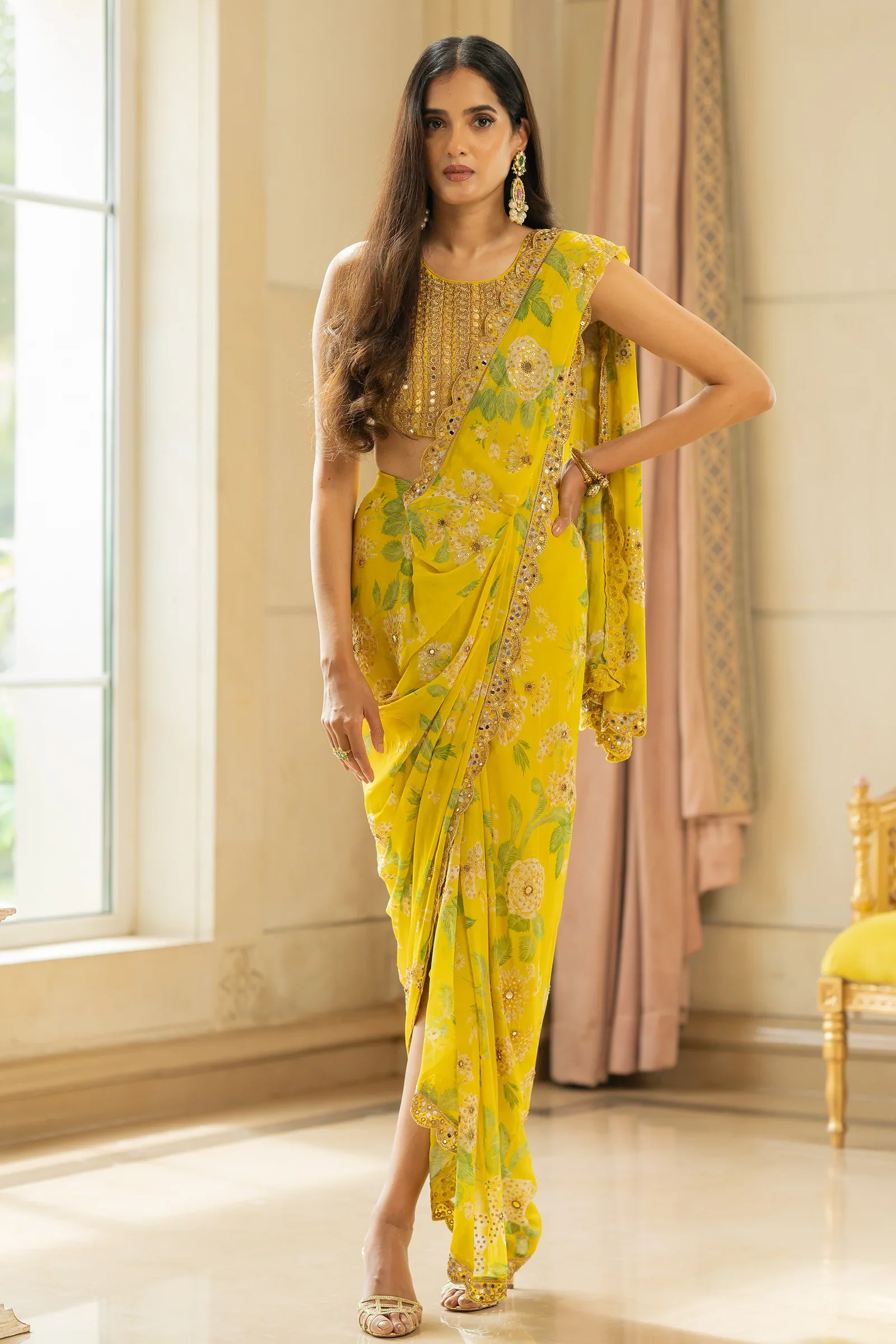 Lime Yellow Printed Dhoti Style Saree Set